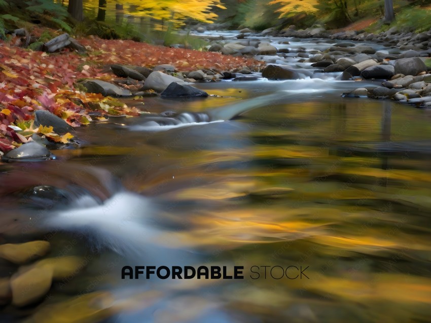 A river with a rocky shore and yellow leaves