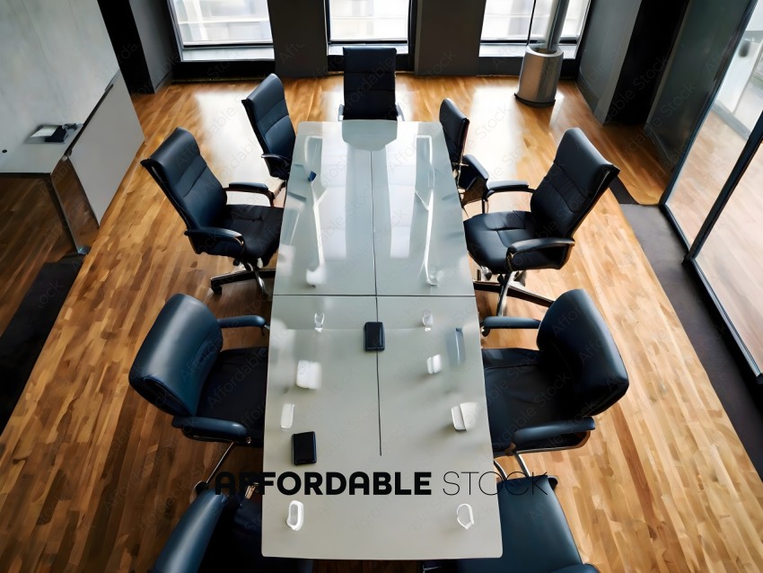 A conference table with 8 chairs and a glass top