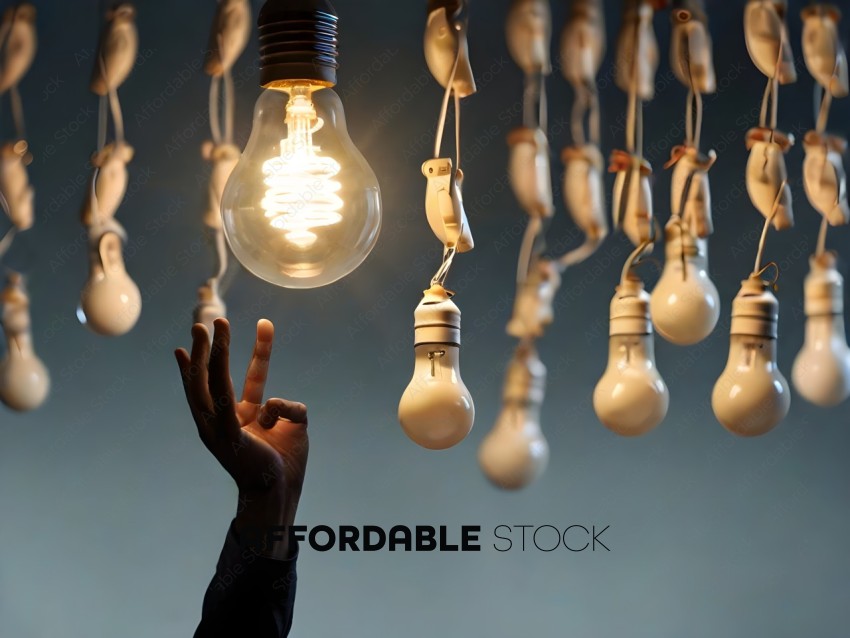 A person holding a light bulb up to a string of light bulbs