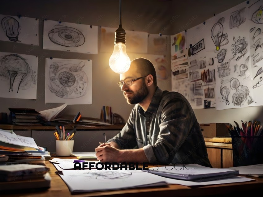 Man with glasses and light bulb on desk