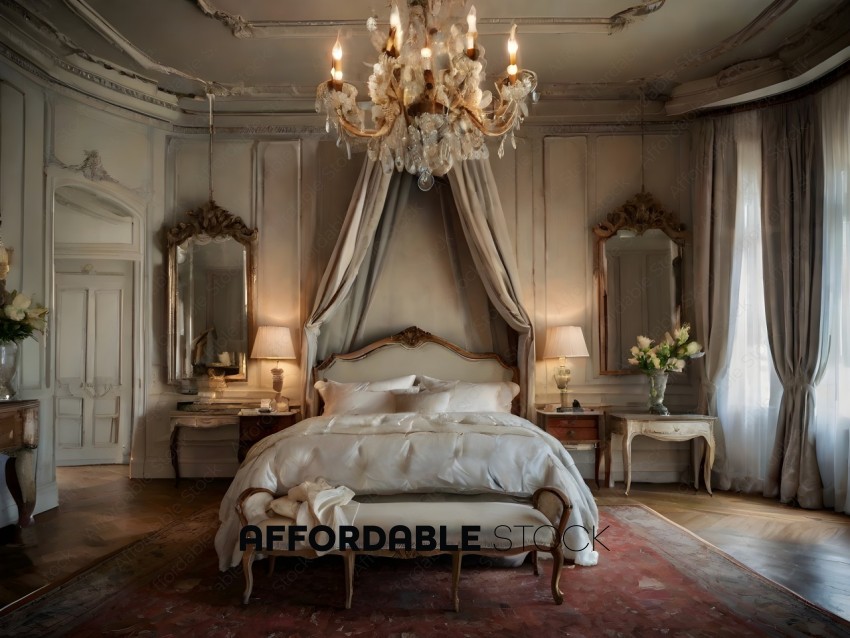 A luxurious bedroom with a chandelier and a large bed