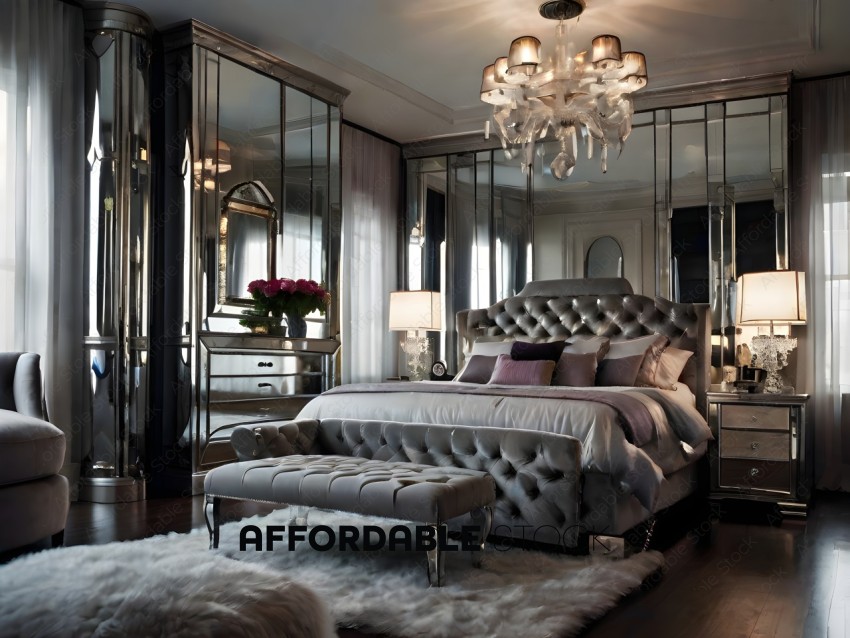A luxurious bedroom with a large bed, a bench, and a chandelier