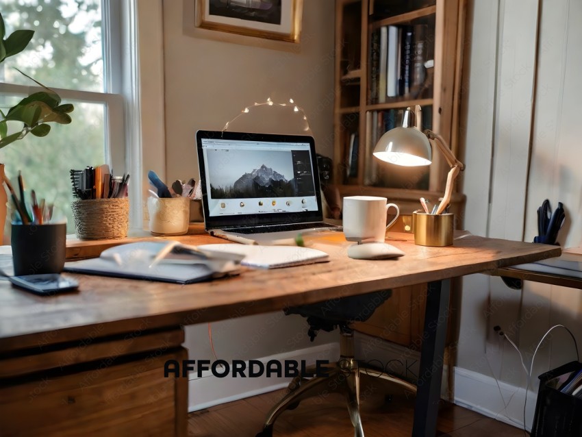 A desk with a laptop, cup of coffee, and lamp