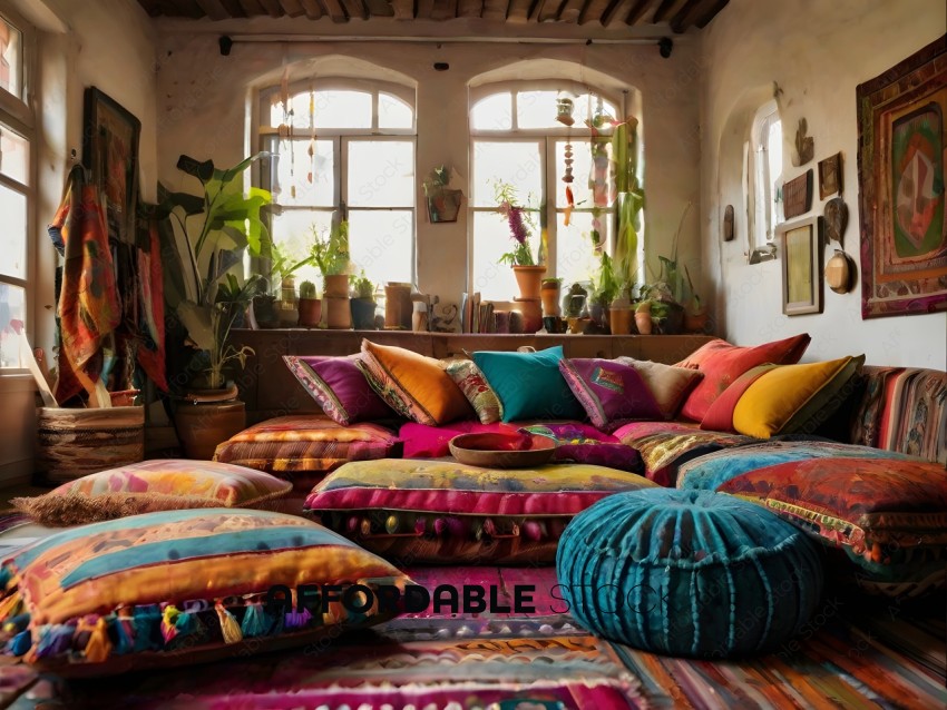 A colorful room with a rug and pillows