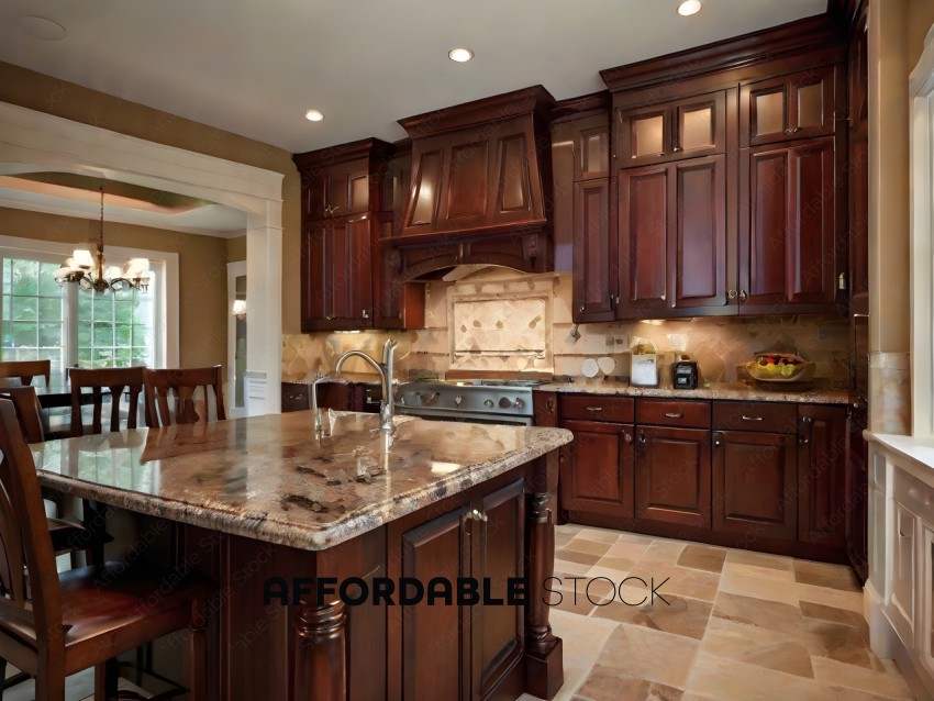 A large kitchen with dark wood cabinets and granite countertops