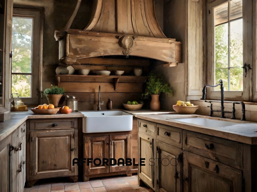 Old fashioned kitchen with wooden cabinets and sink