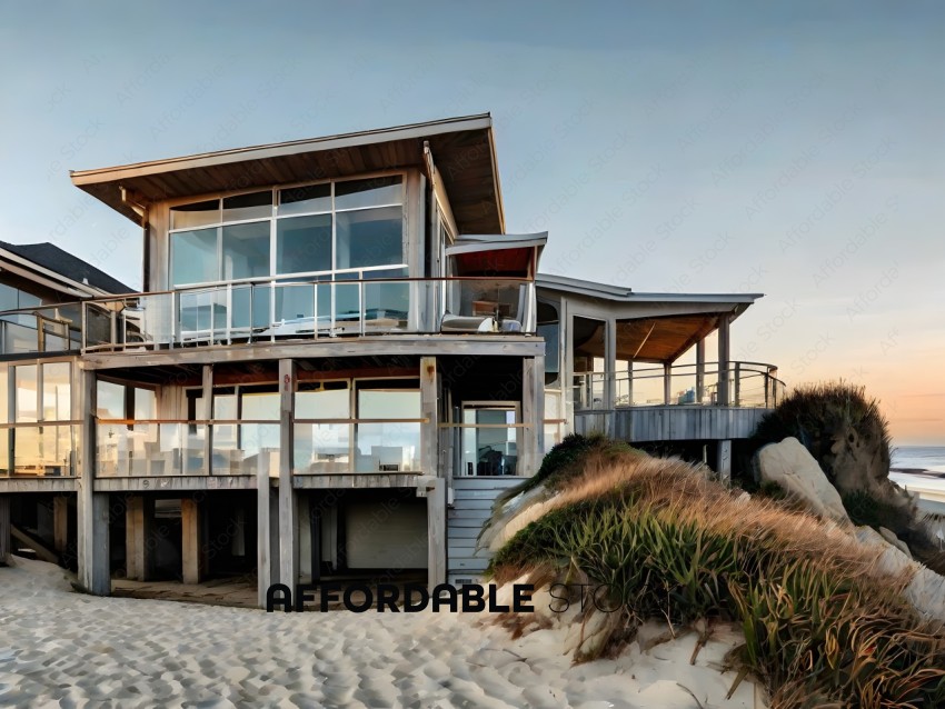 A large beach house with a deck overlooking the ocean
