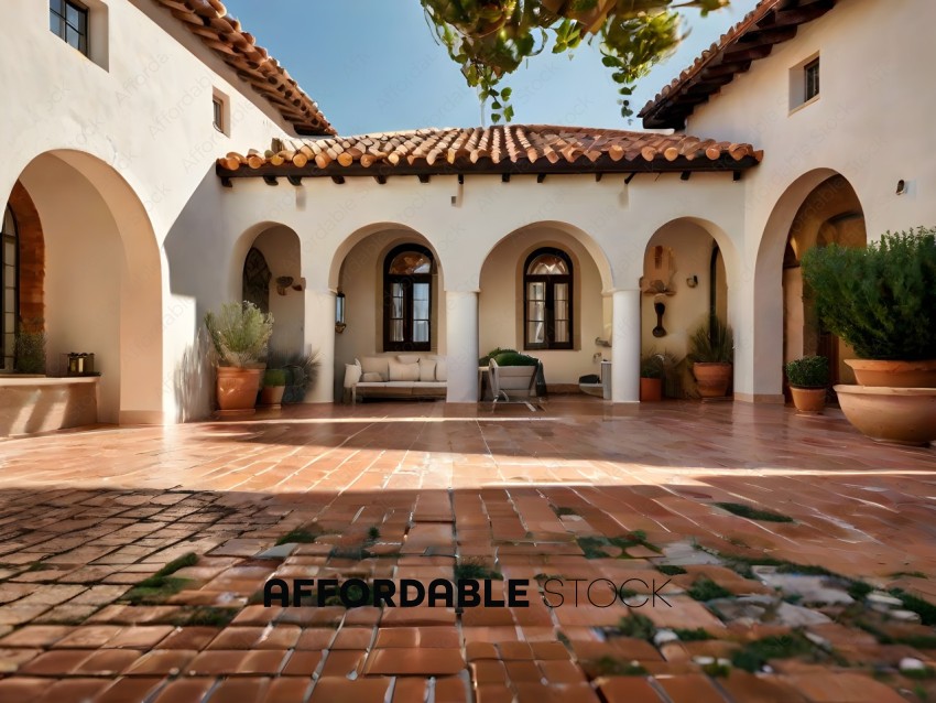 A Spanish style home with a courtyard and a patio