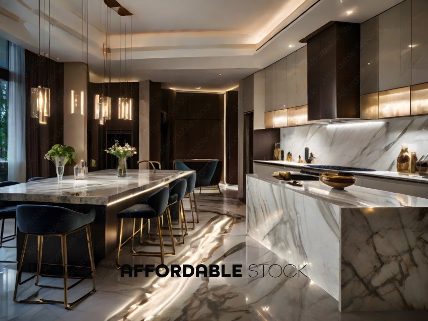 A modern kitchen with a marble counter and stools