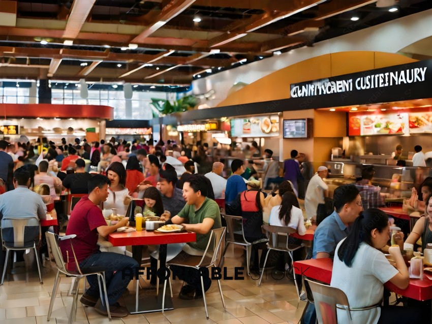 Crowded food court with people eating and drinking