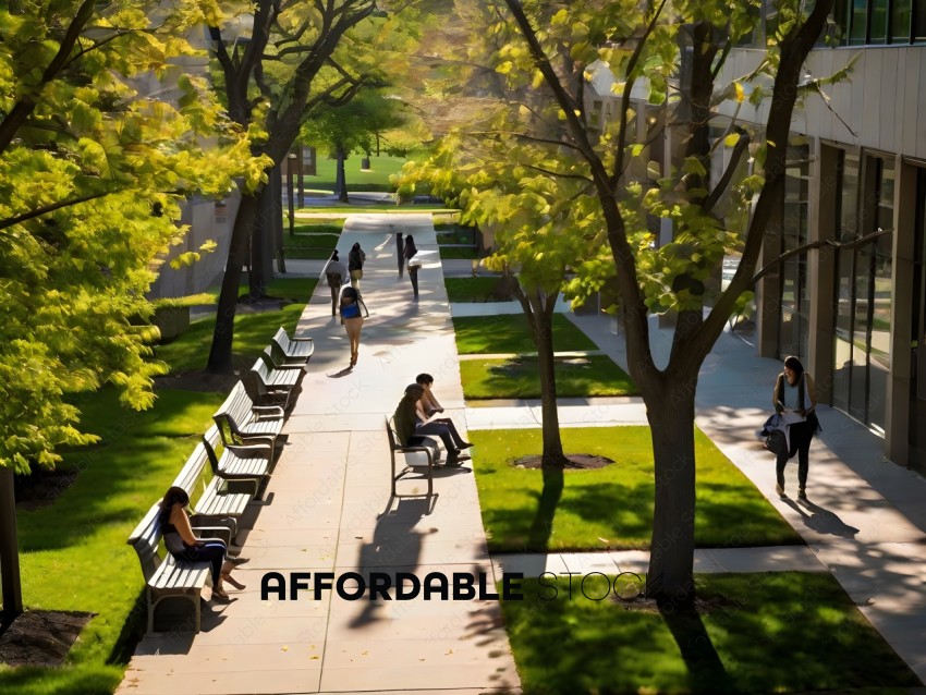 People sitting on benches in a courtyard