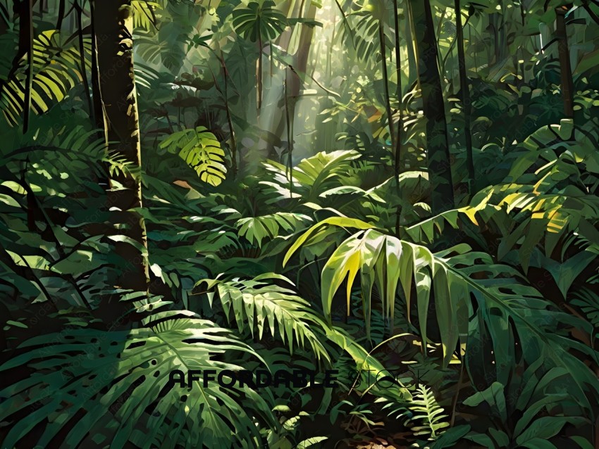 A sunlight shines through the trees in a jungle