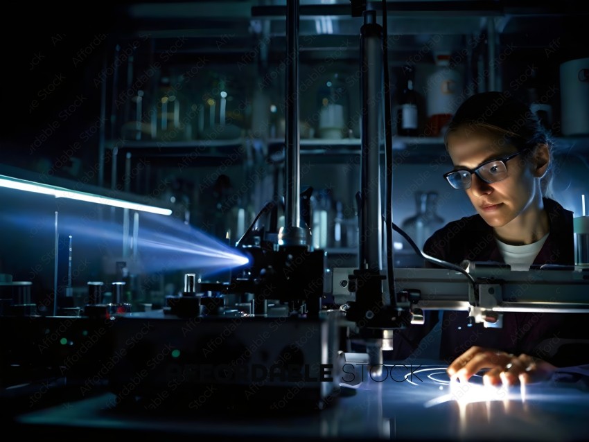 A woman in a lab examining a piece of equipment