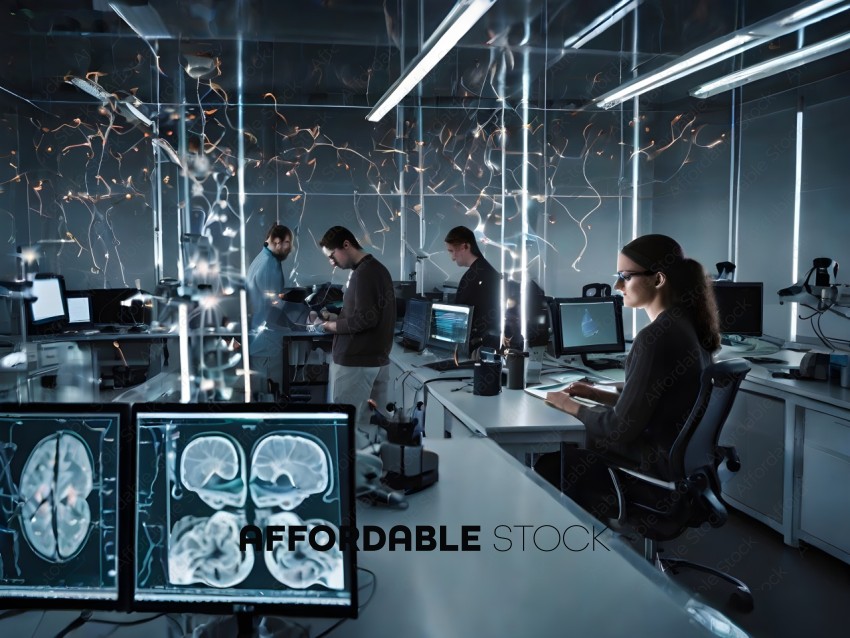 A group of people working in a lab with a lot of computers and screens