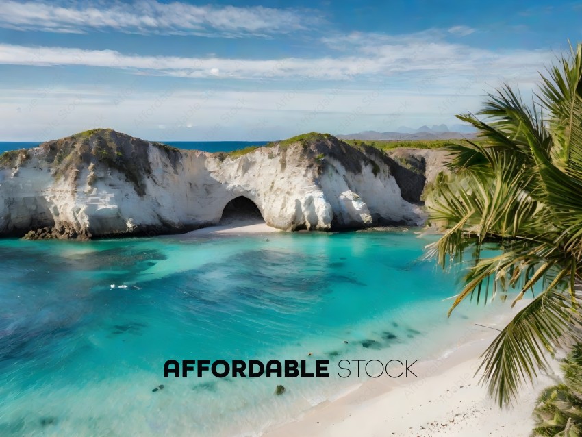 A beautiful beach with a large rock formation