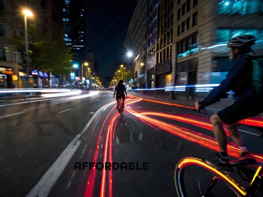 Two Bicyclists Riding Down a Blurry Street at Night