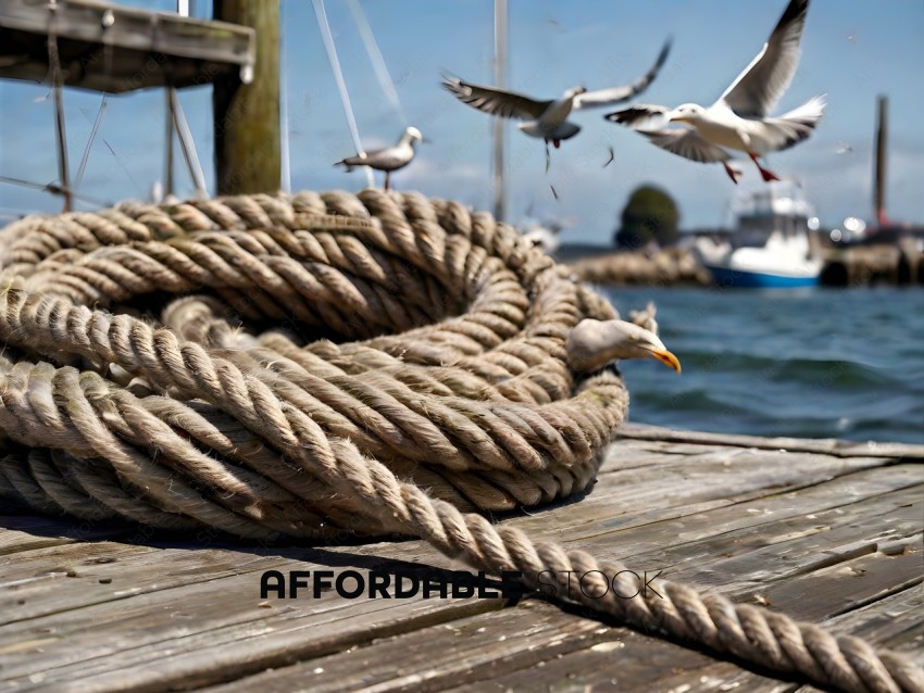 Rope on a dock with birds