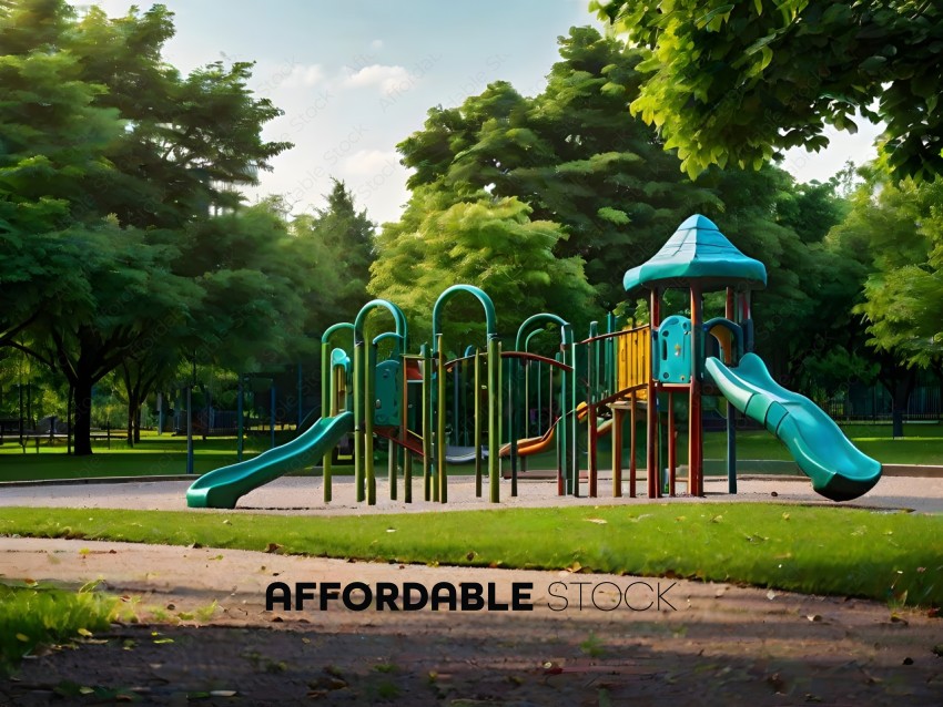 A playground with a slide and a swing set