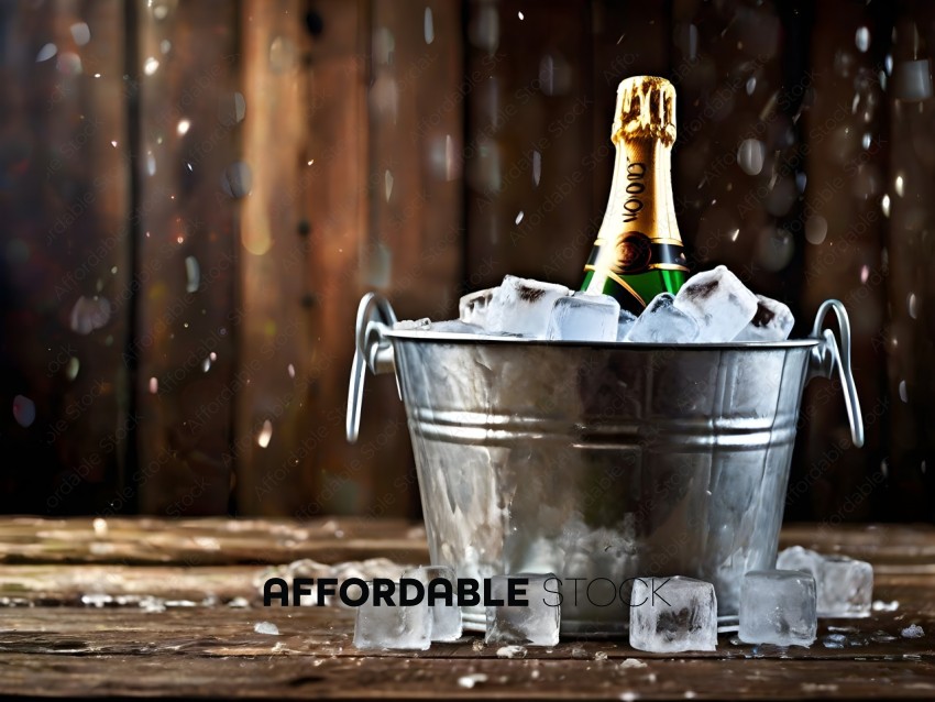 A bucket of ice with a bottle of champagne