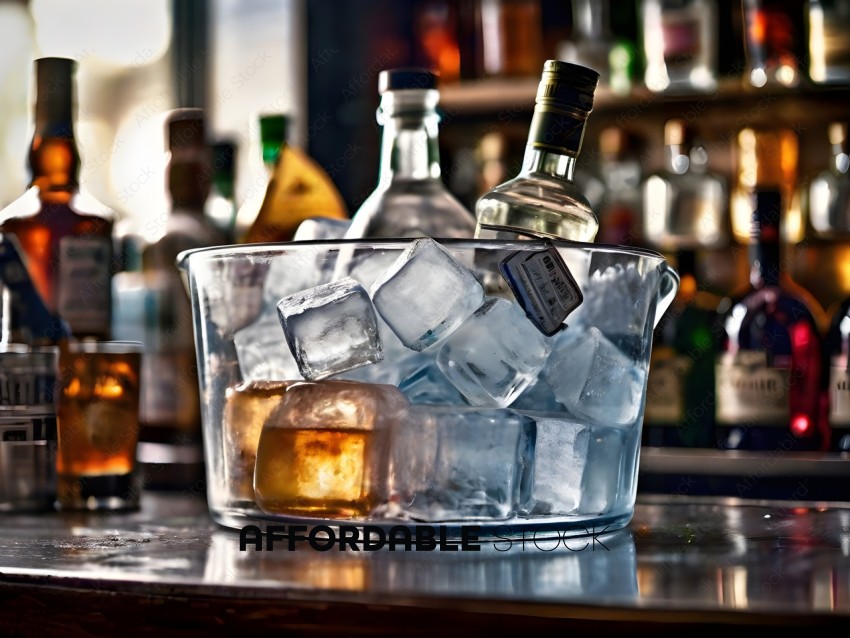 A glass bowl filled with ice and alcohol
