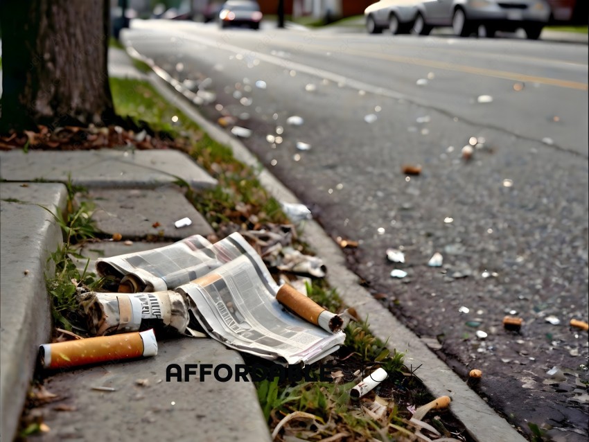 A messy sidewalk with cigarette butts and a newspaper