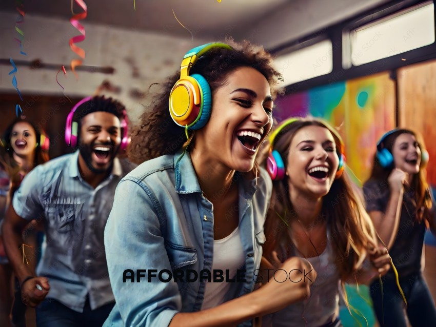 Three people wearing headphones laughing and smiling