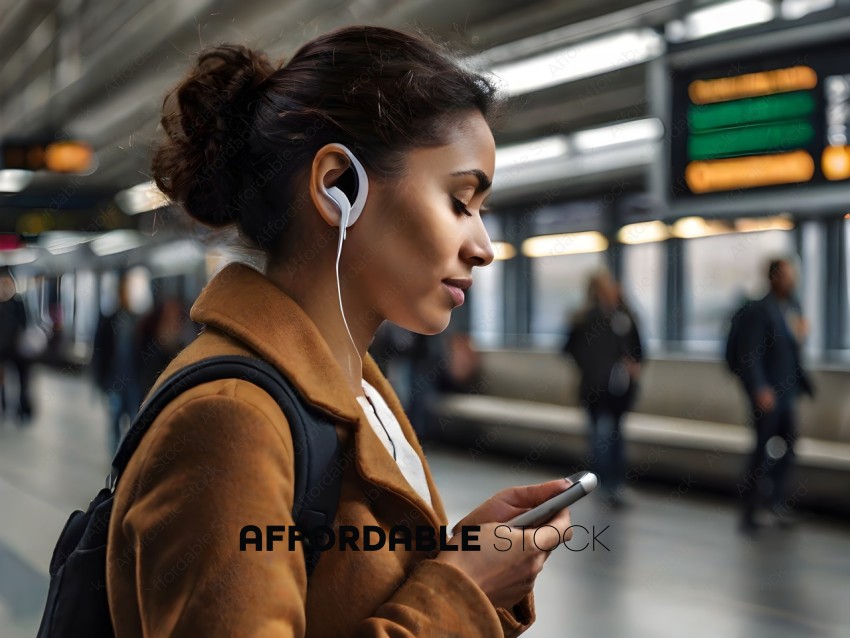 A woman wearing a brown jacket and listening to music
