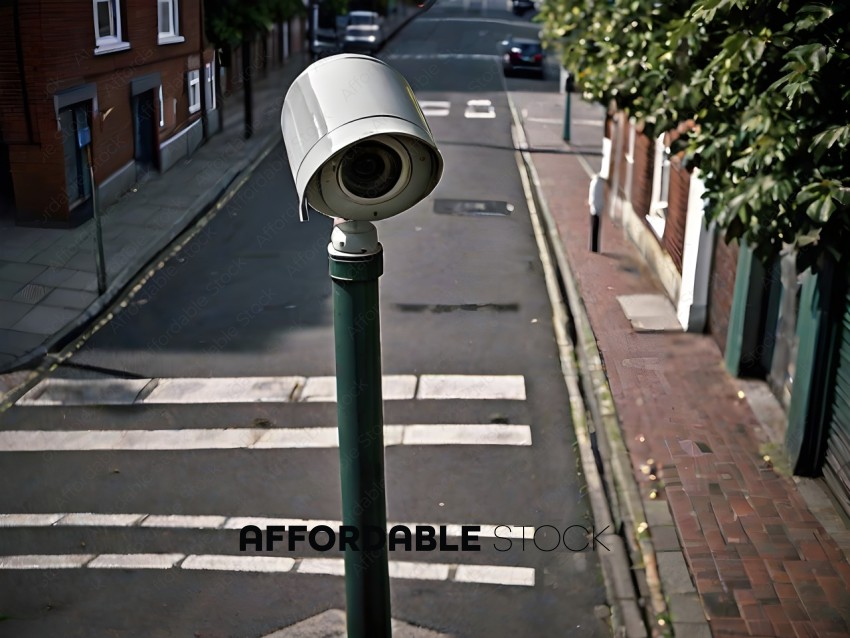 A street view with a green pole and a camera