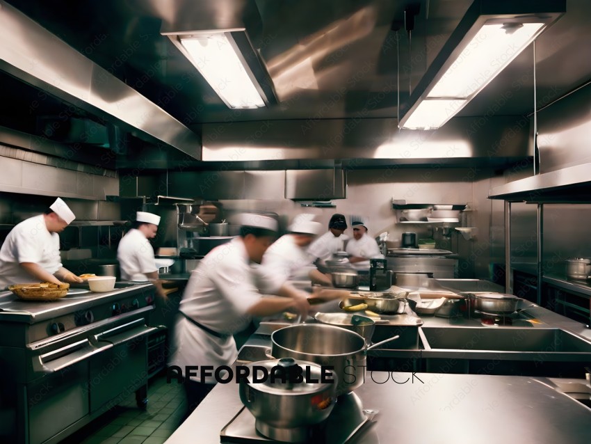 Chefs in a commercial kitchen preparing food