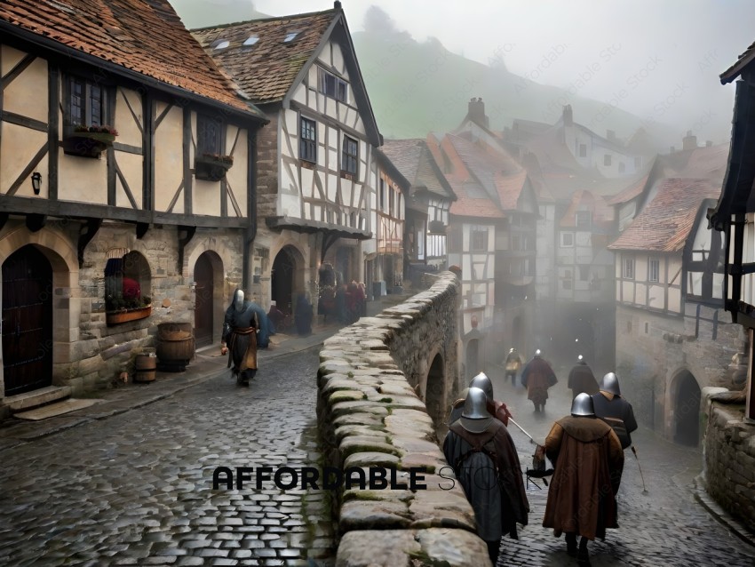 Medieval soldiers marching down a cobblestone street