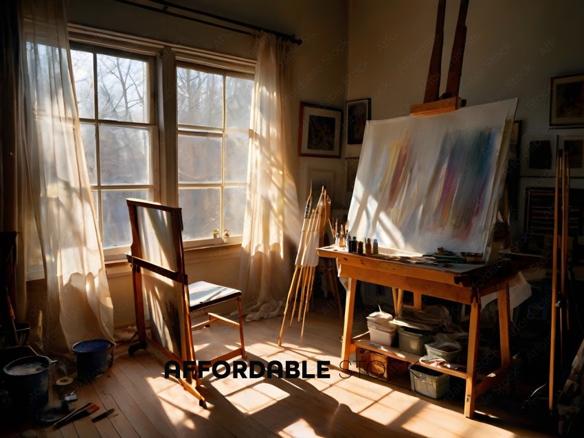 A room with a wooden chair, a painting, and a window