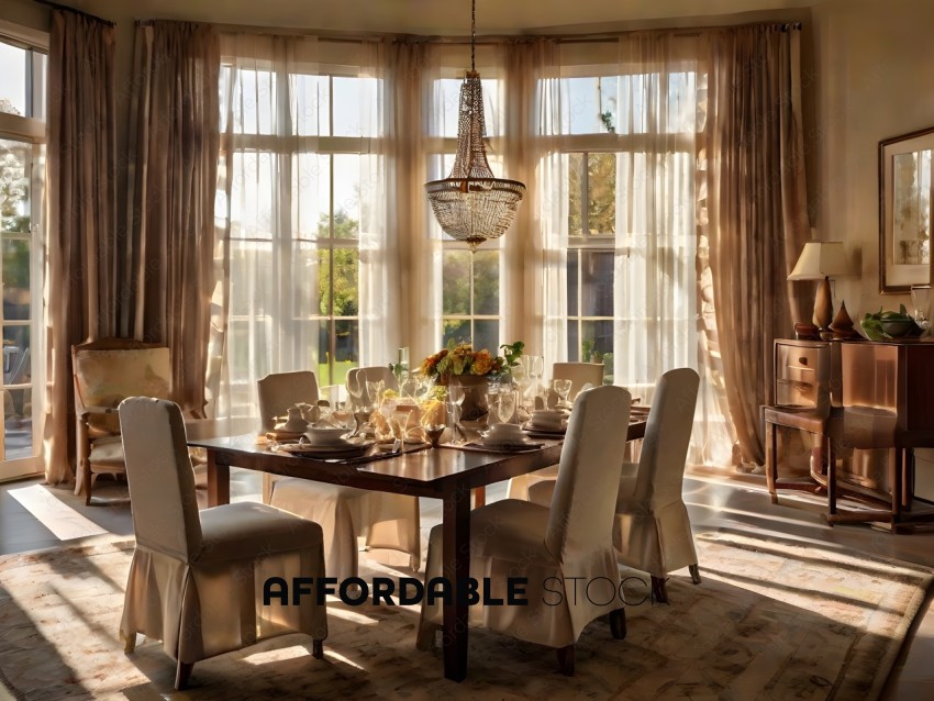 A formal dining room with a large table and chairs