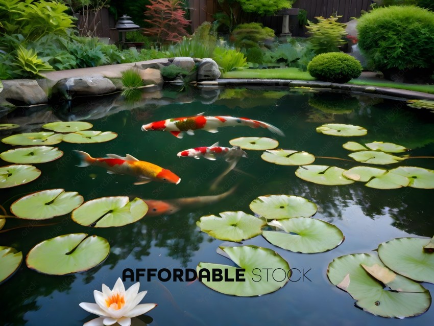 A pond with a water lily and two fish