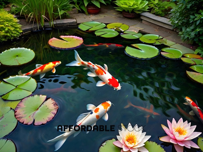 Koi Fish in a Pond with Water Lily