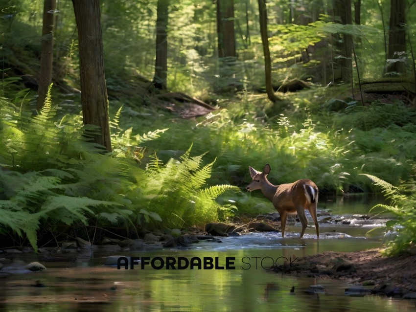 A deer walking through a forest with a stream