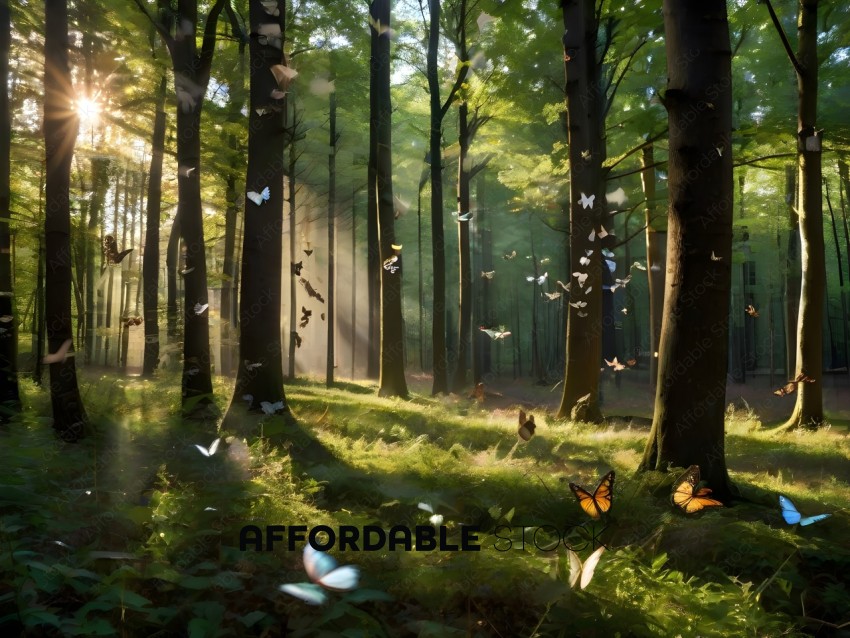 A forest with many butterflies and birds