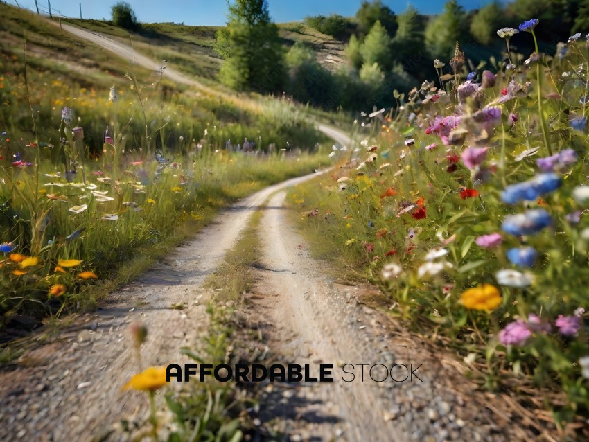 A dirt road with flowers on both sides
