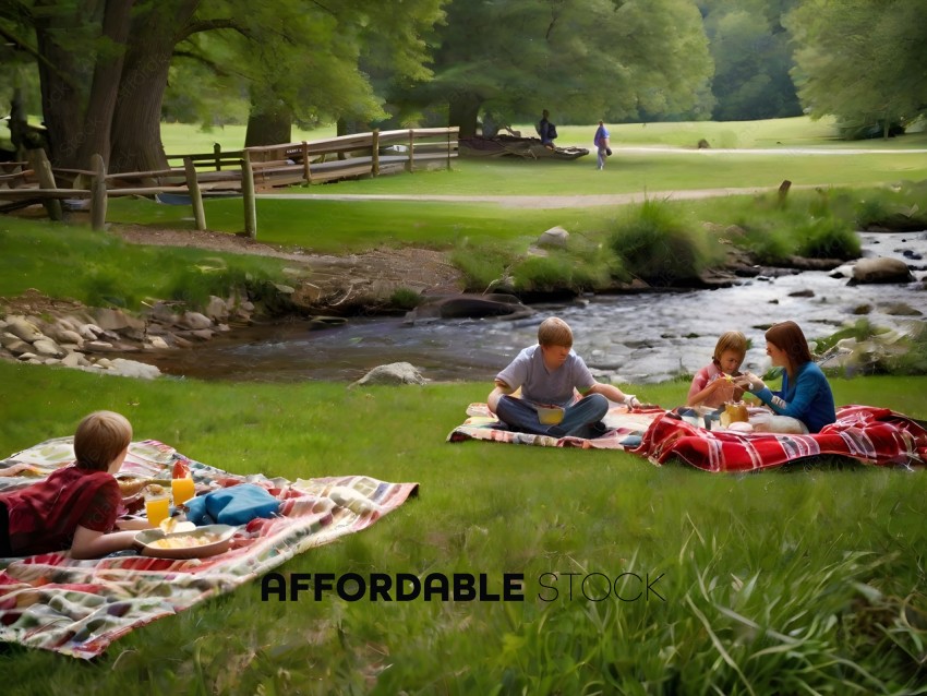 A family of four enjoys a picnic in a park