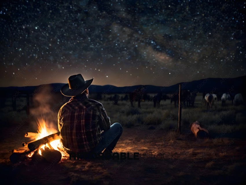 A man sitting in front of a fire with a starry sky in the background