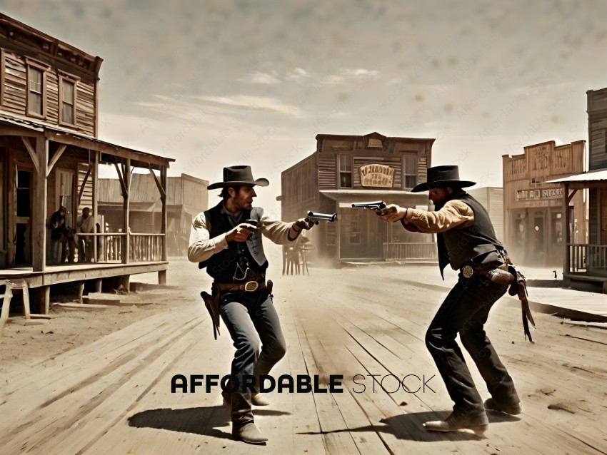 Two cowboys with guns in a western town