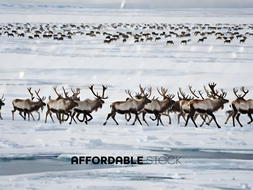 Herd of deer walking through snow