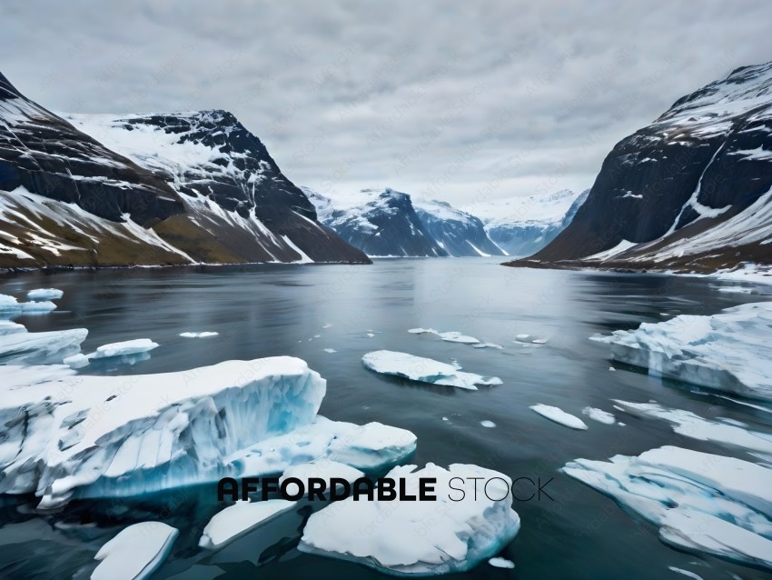 A large body of water with icebergs and mountains in the background
