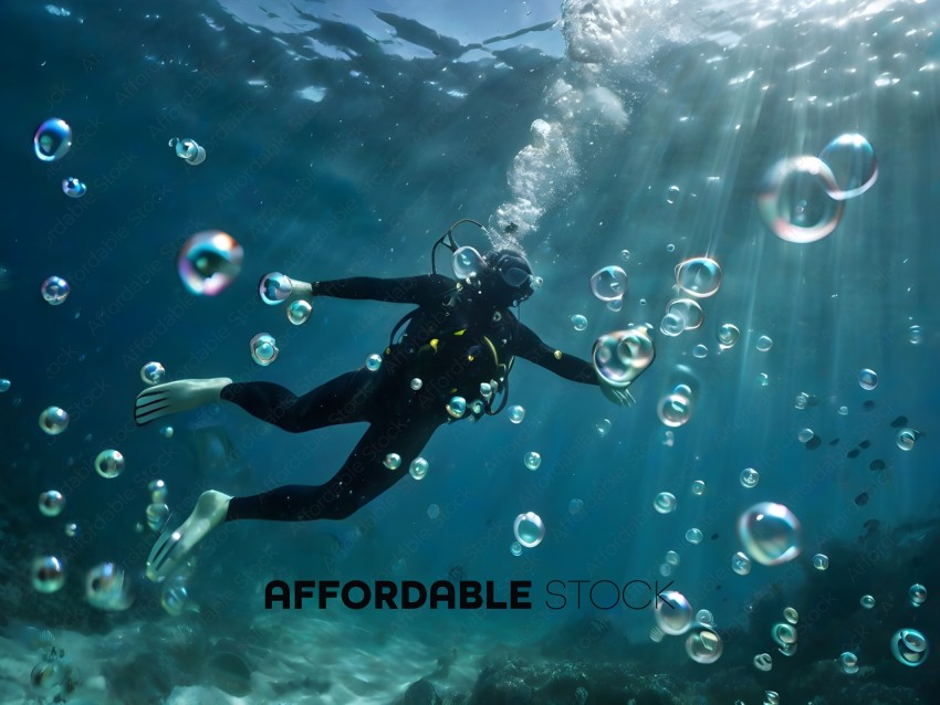 Diver underwater surrounded by bubbles