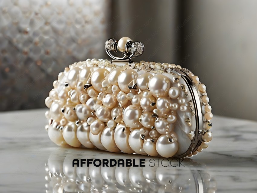 A white pearl clutch purse with a silver clasp