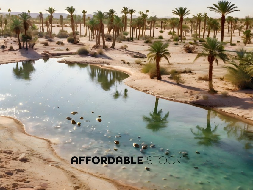 A desert scene with a pond and palm trees