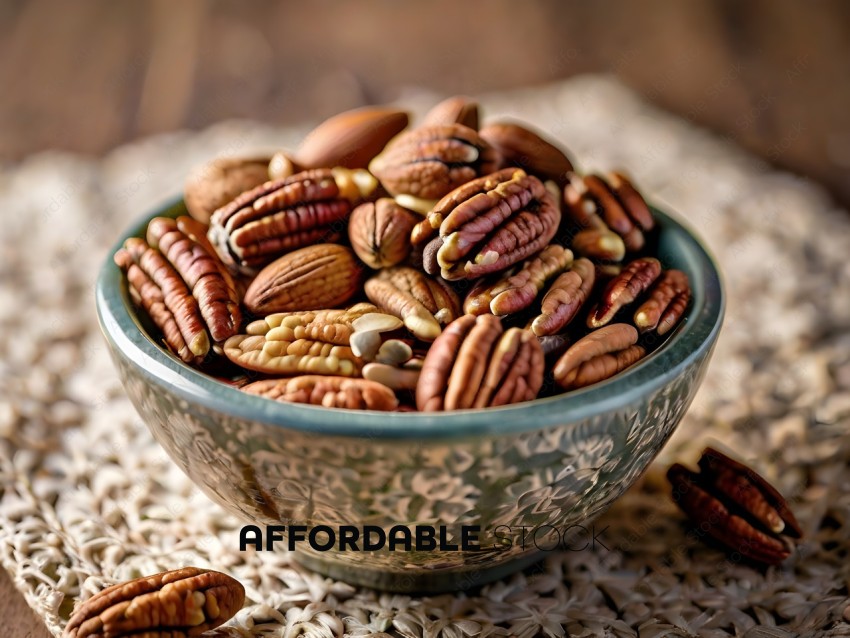 A bowl of pecans on a white cloth