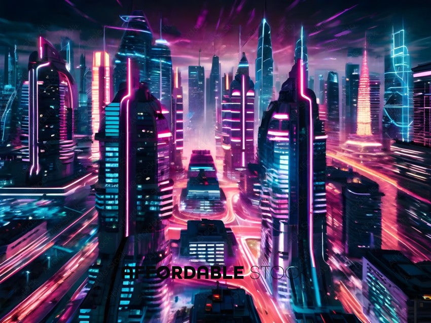 Futuristic Cityscape with Pink Lights
