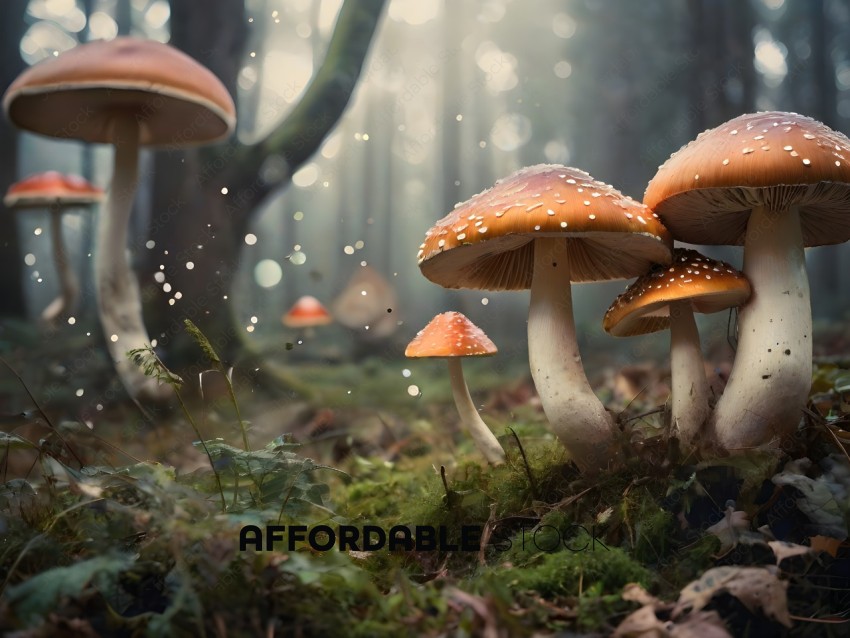 Mushrooms in a forest with moss and trees