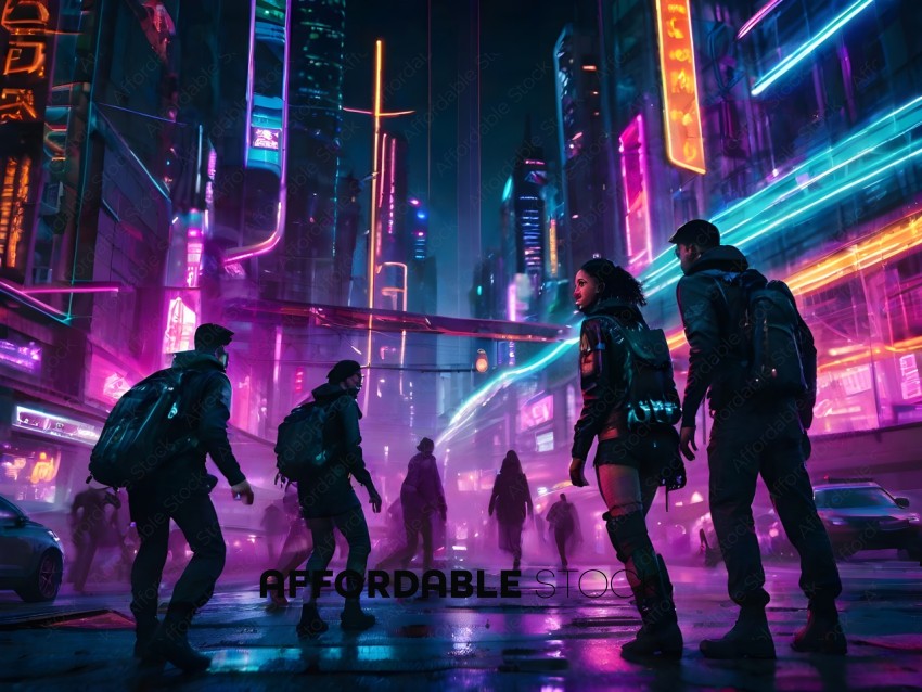 A group of people in a futuristic city