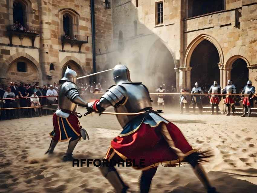 Two men in armor fight in a sandy arena